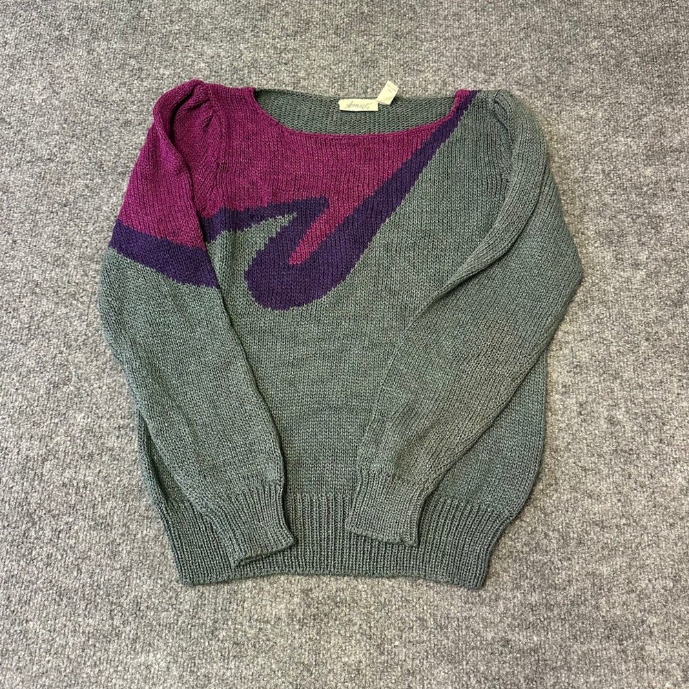 Ann W. Sweater Womens Size L Grey Purple Viscose Blend Knit Vintage Colorblock